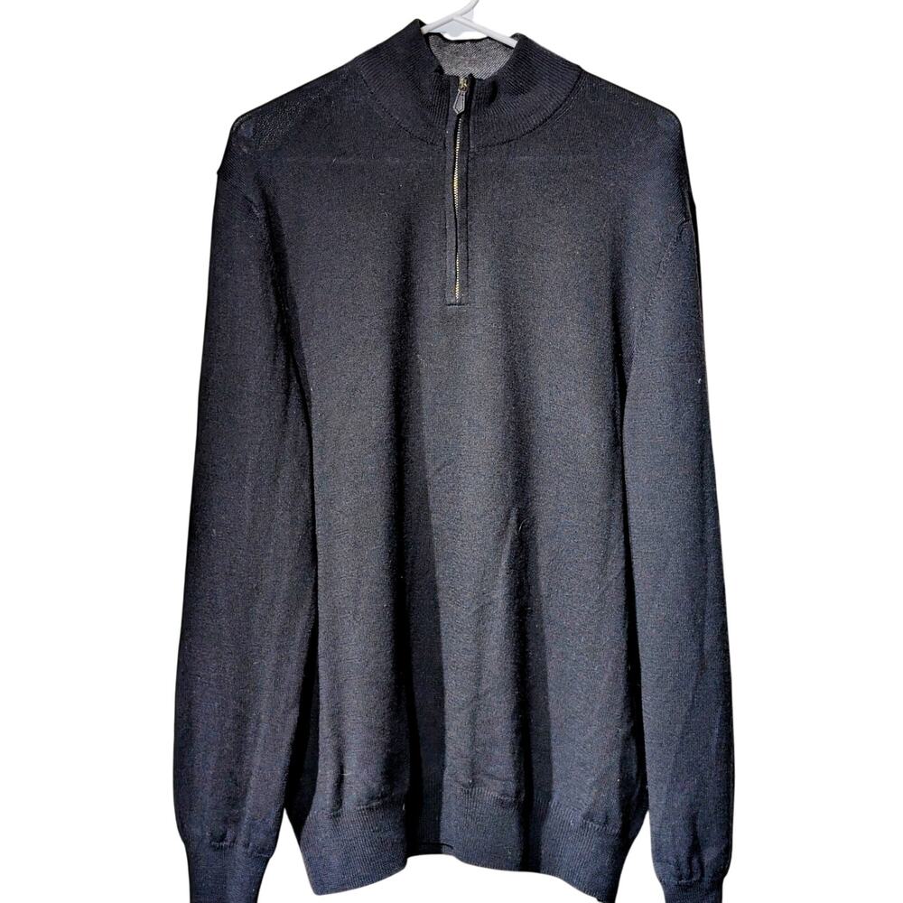 Black Brown Made in Italy 100% Extra Fine Merino Wool Quarter Zip Sweater Mens L